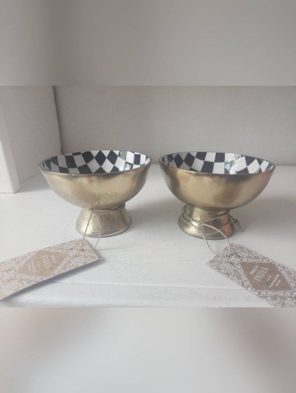 Gold Metal Pedestal Bowls with Black & White Checker Interior (Set of 2) - Picture 2 of 9